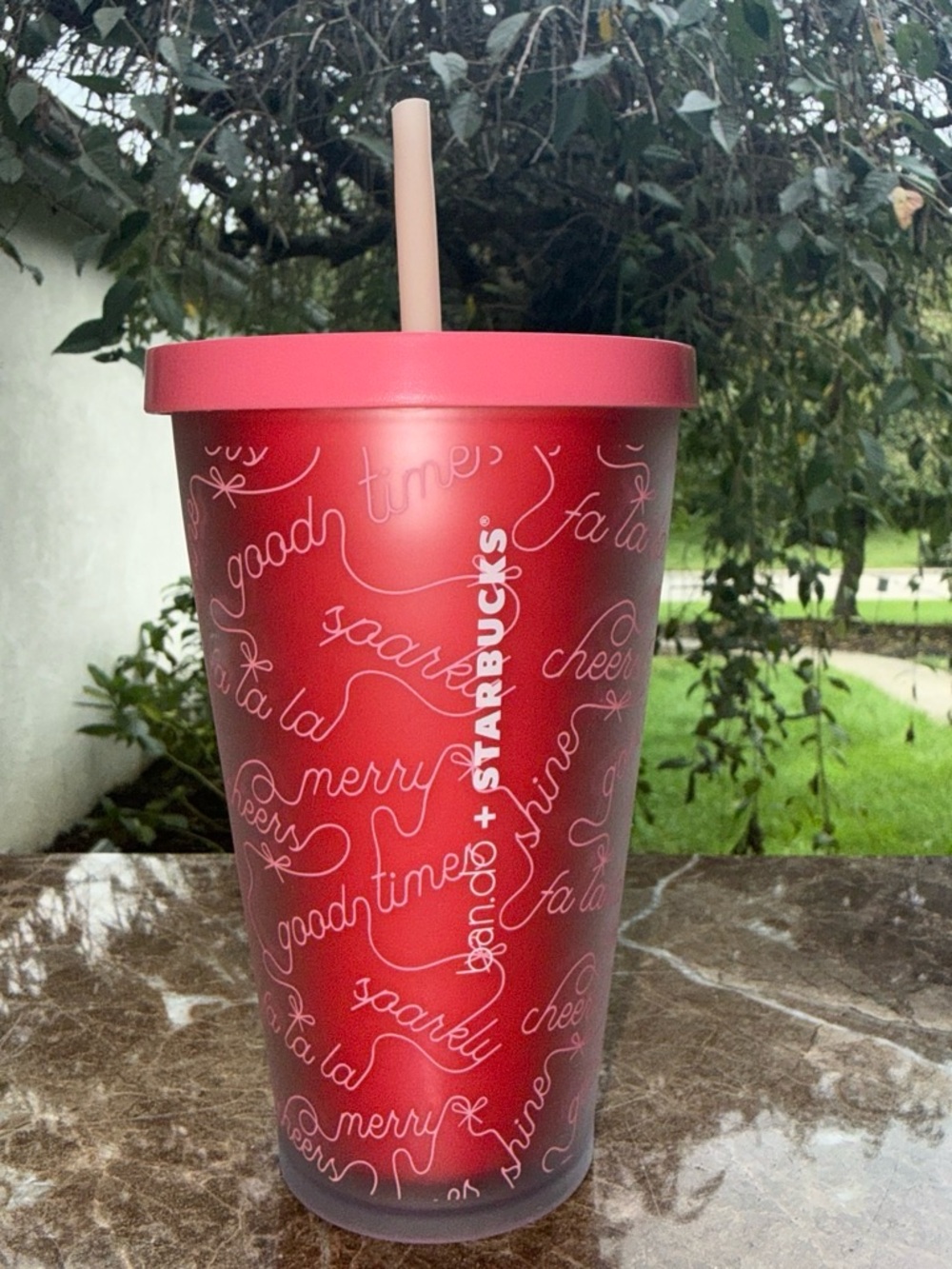 Starbucks Red Holiday Script Tumbler with Pink Straw